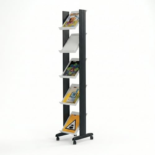 Image of Horison Industries 5-Shelf Modern Mobile Literature Display Rack 1675x385x350mm – Metal Magazine Rack Floor Storage Unit for Leaflet Display Stands and Brochure Stand for Office Spaces — Black/Grey