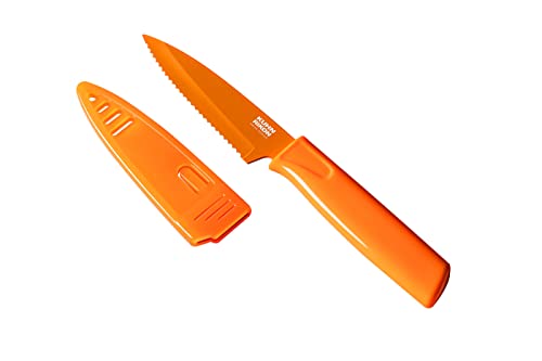 Kuhn Rikon Colori Non-Stick Serrated Paring Knife with Safety Sheath, 4 inch, Orange