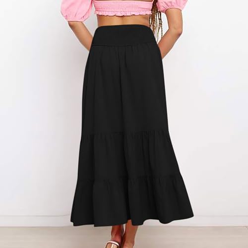 Women's Summer Comfy Tiered Skirts Elastic High Waisted A-Line Skirts Casual Beach Vacation Flowy Long Skirts4