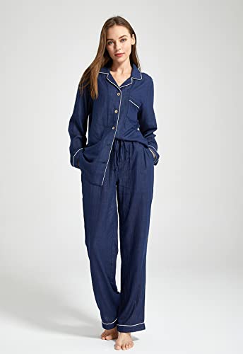 Image of Womens Muslin Pajama Set 100% Cotton Double Gauze Linen Like | Breathable Soft Comfort Button Up Loungewear Sleepwear PJ Set