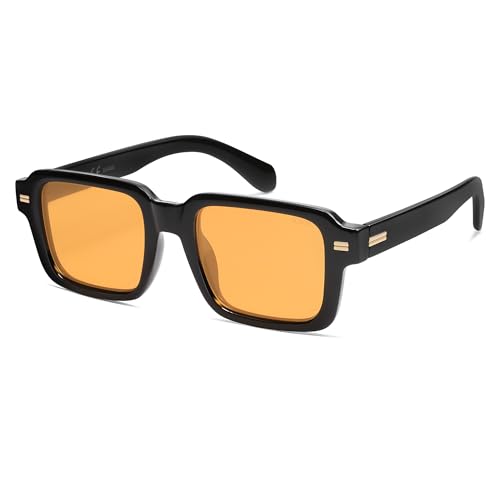 SOJOS Trendy Square Polarized Sunglasses for Women Men, Retro Vintage Womens Mens Rectangle Shades SJ2345 Shiny Black/Yellow Tint