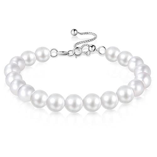 Dickbe Pearl Bracelets For Women 925 Sterling Silver Classic Pearl Bracelet Adjustable Slide Chain 8Mm White Pearl Strand Bracelets Jewelry Gift For Girls Women #TOP7