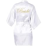 Shining She Bride Satin Dressing Gown, White Bride Robes Women Bridal Morning Robes V-Neck Pyjamas for Bridal Wedding Party