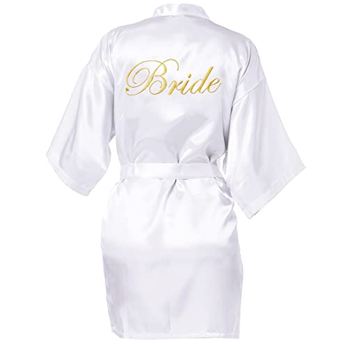 Image of Shining She Bride Satin Dressing Gown, White Bride Robes Women Bridal Morning Robes V-Neck Pyjamas for Bridal Wedding Party