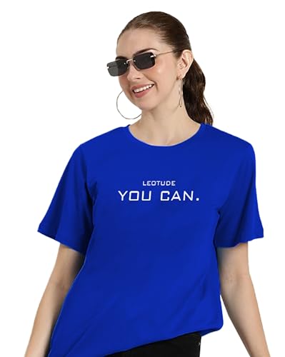 Image of LEOTUDE Women's Boyfriend /Loose Fit Round Neck Half Sleeve Cottonblend Tshirt (Color Blue)