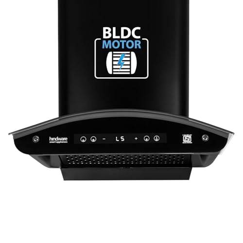 Image of Hindware Smart Appliances | Alexio Plus BLDC 75 cm Chimney | 1450 CMH | Curved Glass | Filterless | Auto Clean | Touch Control, Motion Sensor | 12 Yrs Warranty on Motor & 3 Yrs on Product (Black)