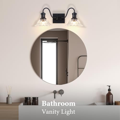 Image of Farmhouse Vanity Lights, 2-Light Vanity Light with Clear Flower Glass Shade, Bathroom Lights Fixtures Over Mirror, Vintage Wall Sconce for Bathroom, Dressing Table