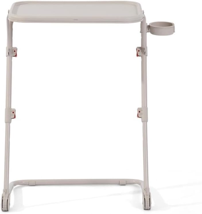 Pemberly Row Adjustable Folding TV Dining Tray Table, Beige, Lightweight Metal and Plastic Frame, Built-in Cup Holder, Adjustable Height, Portable Space-Saving Design for Dining, Working, or Watching