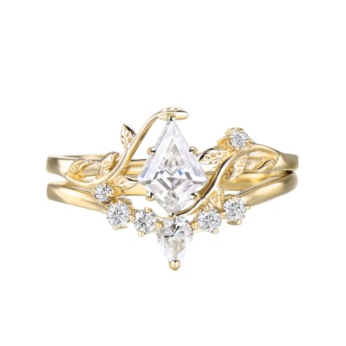 Kite Cut Gemstone and Moissanite Wedding Ring Sets for Women 10K 14K 18K Gold Platinum Plated Moss Agate/Emerald/Morganite Bridal Ring Sets for Her2