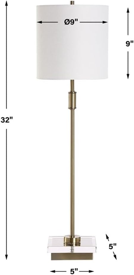 BOWERY HILL Contemporary Metal Buffet Lamp, 32" H x 9" W x 9" D, Antique Brass Finish with Crystal Base, White Linen Shade, Elegant Design for Table or Buffet