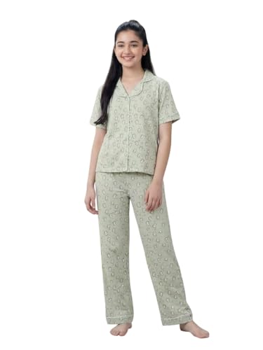 Image of Li'l Tomatoes Girls 100% Cotton Night Suit Set | Half Sleeve Shirt & Pyjama Set | Soft & Breathable Sleepwear | Casual Summer Wear | 9-16 Years