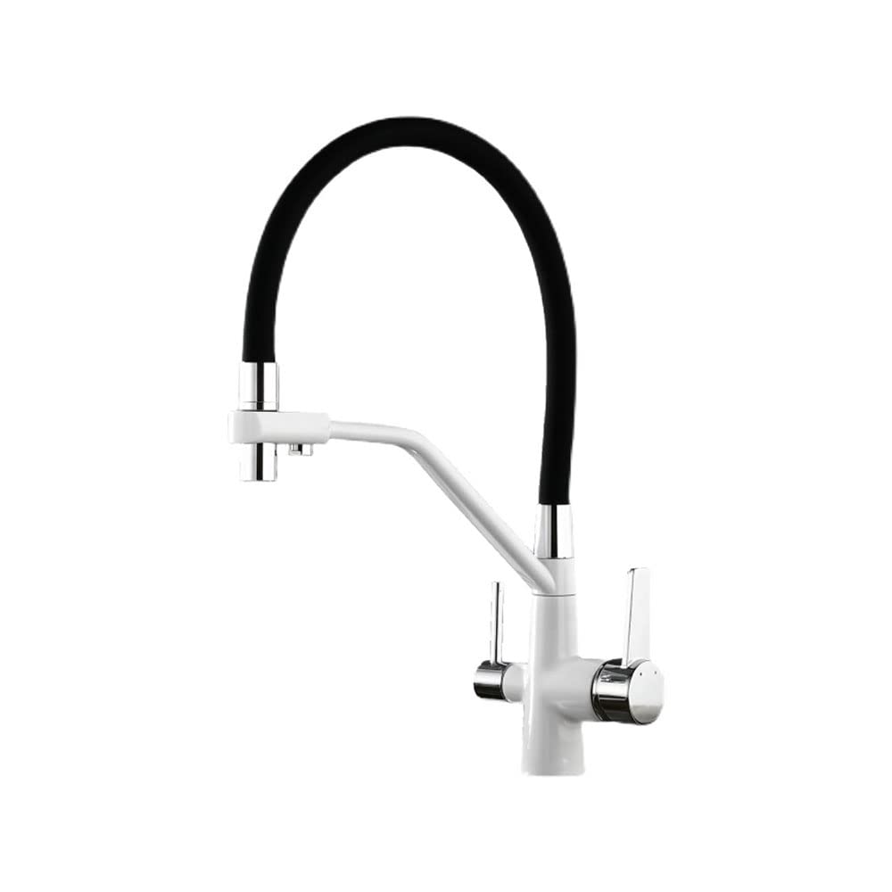 HLTYGWX Rubinetto Filtro Acqua da Cucina 3 in 1 con spruzzatore Estraibile Rubinetto Miscelatore Caldo e Freddo a Doppia Maniglia per lavello da Bar di Acqua Potabile Bianco