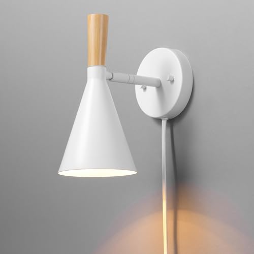 Image of Globe Electric 65000147 1-Light Plug-in or Hardwire Wall Sconce, Matte White, Light Wood-Toned On /Off Rotary Switch on Pivoting Shade, 6ft White Braided Fabric Cord, Wall Lights for Living Room