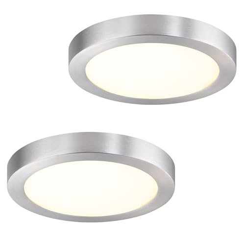 Image of Flush Mount Ceiling Light Fixture, 7 Inch LED Modern Kitchen Light, Metal and Glass, Slim Dimmable Brushed Nickel Ceiling Light for Low Ceiling, 17W, 3000K, 2 Pack