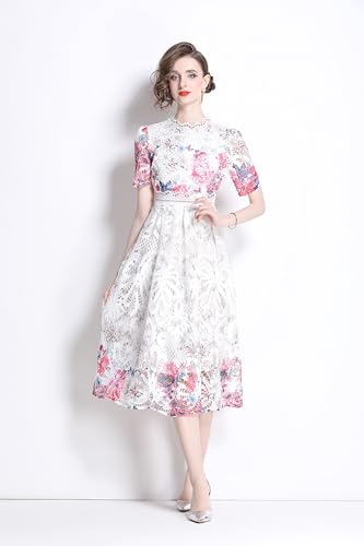 Image of LAI MENG FIVE CATS Women's Lace Floral Short Sleeve Crochet Waist Cocktail Midi Dress