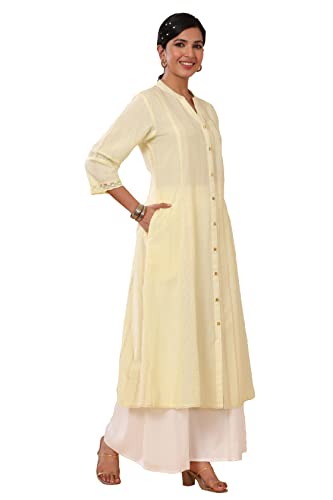 Image of Juniper Yellow Cotton Dobby Printed A-Line Kurta with Mask