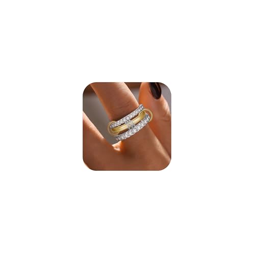 Stackable Interlocked Rings for Women, 14K Gold/White Gold Plated 3/4 Ring Stack Set, Mixed Metals Wedding Engagement Statement Bridal Two-Toned Bands, Size 6-9