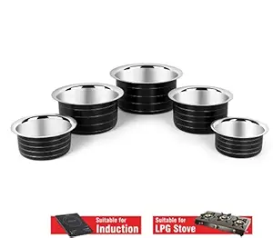 Nirvika 5Pcs Pieces Black Stainless Steel Tope Set Cookware Sets Milk Pots/patila/tapeli Kitchen Storage Container Sets(Induction and Gas Compatible)(Size: 450 ML to 1900 ML)