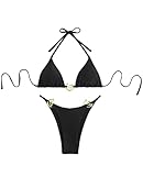 Falainetee Women's Metal Jewelry Bathing Suit High Waisted Halter Tie Back Swimsuit Bikini Set Black S
