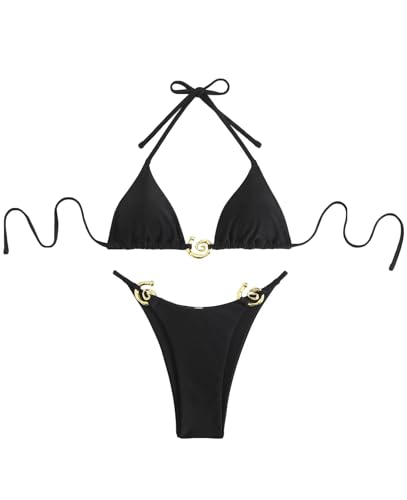 Falainetee Traje de baño de metal para mujer, de cintura alta, con lazo en la espalda, conjunto de bikini, Negro -, S