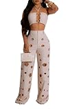 BOKITECAO Womens Sexy Hollow Out 2 Piece Outfit Crop Tops Pants Sets Bodycon Jumpsuits Outfits
