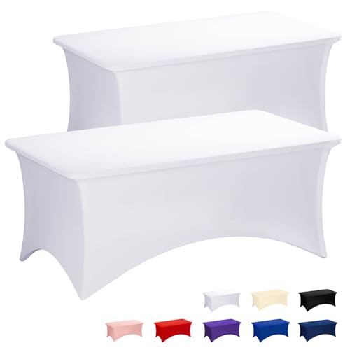 Fixwal White Tablecloths for 8 Foot Rectangle Tables, 2 Pack Spandex Stretch Fitted Table Covers for Party, Trade Show, Banquet, Wedding, Buffet by Fixwal - Used condition - US$18.82