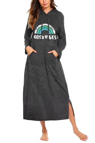 Ekouaer Nightgowns for Women Cotton Nightgown Long Sleeve Hooded Night Gown Contrast Color Full Length Loungewear with Pocket