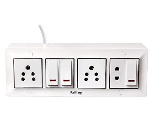 Image of Palfrey Extension Board - Two 6A Socket and One Two Pin Socket & Three 6A Switch with Indicator | 6A 3 Pin Plug with Indicator | 1.0 sqmm 3 core Cable | White Color | 10 Meter