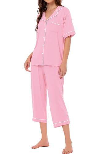 Image of LUBOT Womens Bamboo Viscose Pajamas for Women PJ Set 2 Piece Cooling Soft Short Sleeve Capri Pants Summer Sleepwear Set S-XXL