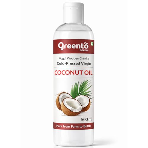 Greento Farms Cold Pressed Virgin Coconut Oil 500ml | Wood Pressed (Chekku) | Edible Cooking Oil | 100% Pure & Natural | Hair, Skin & Baby Care