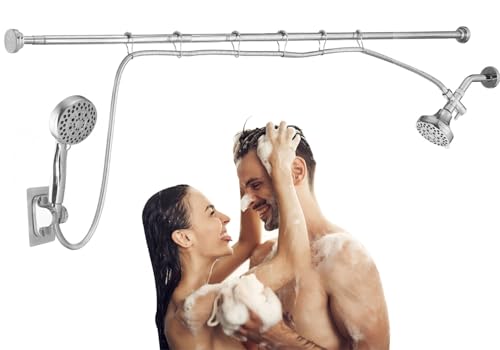 Ultrimkit Double Shower Head for Couple, High Pressure Dual Showerhead Combo, Adjustable Height Shower Rod, 5-Setting Handheld Shower Head, 5-Setting Handheld Shower Head, Chrome