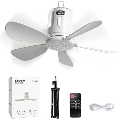 INQUIRLLY Portable Camping Fan 12000 mAh Camping Ceiling Fans with RGB Light Tent Fans mit 4 Wind Speed Settings & 3 Lighting Modes 5 Removable Blades Rechargeable Camping Fan for Tent Car Picnic