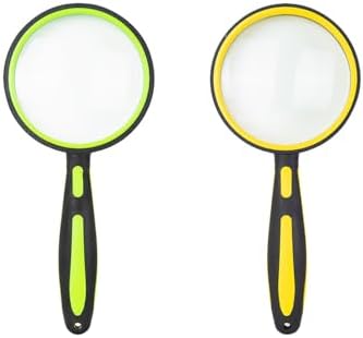 ELTVISII 10X Magnifying Glass for Reading 75mm Handheld Portable Book Magnifier for Seniors, Small Loupe for Close Work, Classroom, Puzzle Hobby Observation (2 Pack, Yellow+Green)