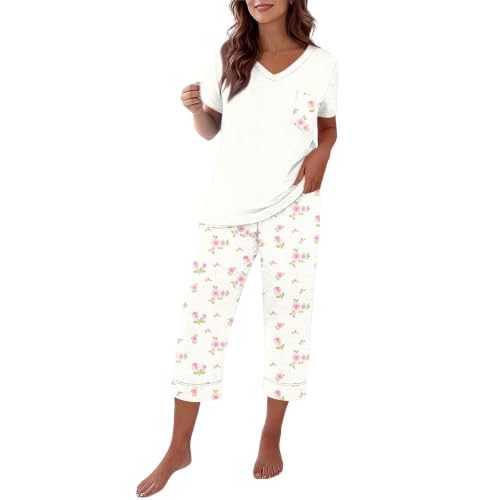 Image of Cropped Pyjamas for Women 2 Piece Short Sleeve Floral Print Pyjama Set Soft Comfy Cotton V Neck Loungewear Tops and Capri Pants with Pockets Lightweight Breatheable Sleepwear Nightwear Pink