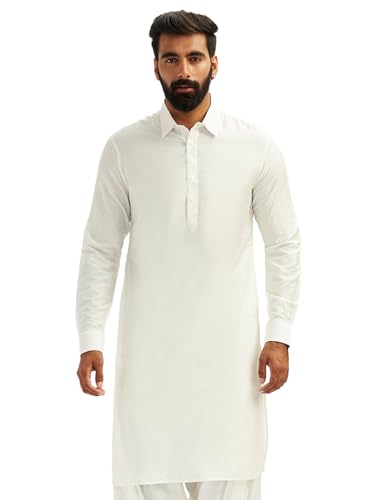 Image of VASTRAMAY Men Solid Cotton Pathani Kurta with Shirt Collar and Full Sleeves White | Festive Ethnic Outfit
