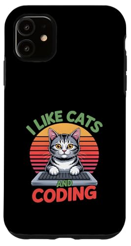 Funny I Like Cats and Coding ���g�� ���B���e�[�W �L �X�}�z�P�[�X iPhone 11 �p
