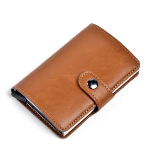 Henniu Carteira Porta Cartão Liga de Alumínio Slim Antifurto Pop Up Em Couro Mágica Porta Cartão Dinheiro Masculina Protetor RFID Bloqueio Botão de Pressão Pop-Up