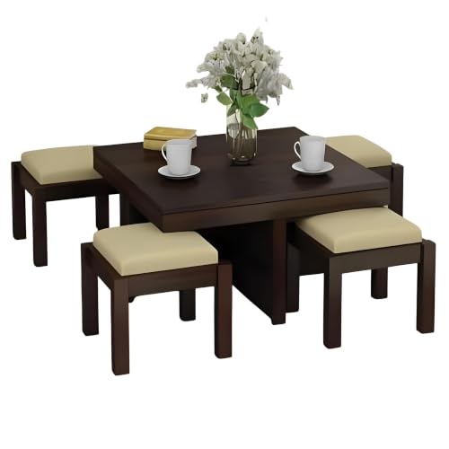 Image of Loonart Solid Sheesham Wood Coffee Table with Four Cushioned Stools | Idel for Living Room | Cafe | Restaurant | Space Saving Indoor Table Set | Finish Color - Walnut Finish | Cream Cushion |