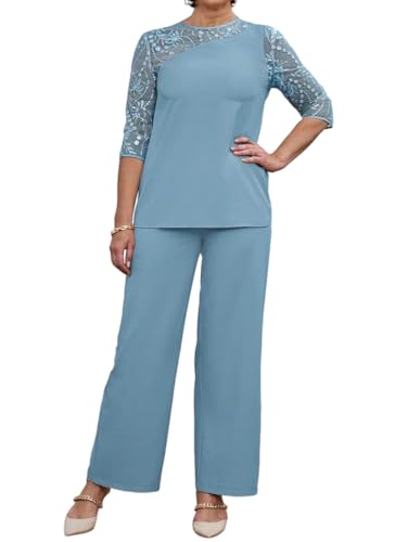 Conjunto de 2 piezas para mujer con pantalones elegantes y camiseta de malla de lentejuelas