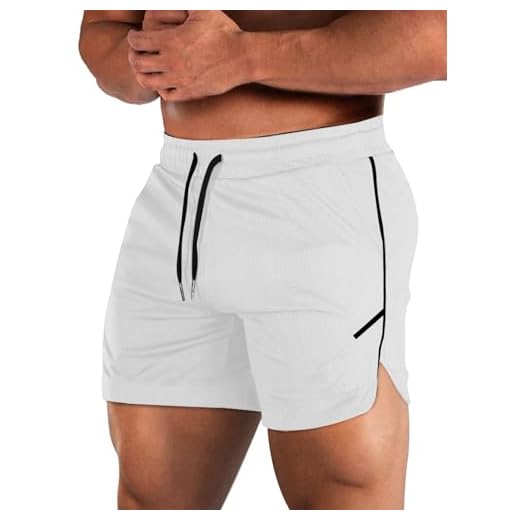 Aolesy Short masculino de treino com bolso com zíper de 12,7 cm, leve, para academia, corrida, sem forro, para musculação, shorts atléticos, Branco, G