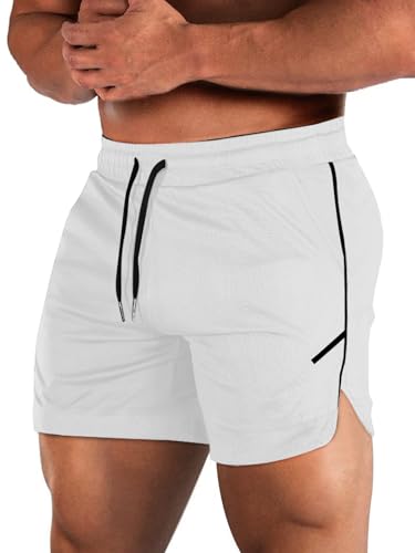 Aolesy Pantalones cortos de entrenamiento para hombre con bolsillo con cremallera de 5 pulgadas, ligeros, para gimnasio, correr, culturismo, atléticos, Blanco, X-Large