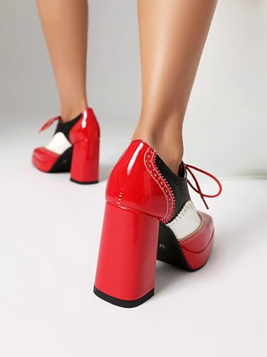 SACFOF Women Platform Oxford Shoes Lace Up Square Toe Wingtip Vintage Chunky Heel Ankle Booties Block High Heel Platform Pumps3