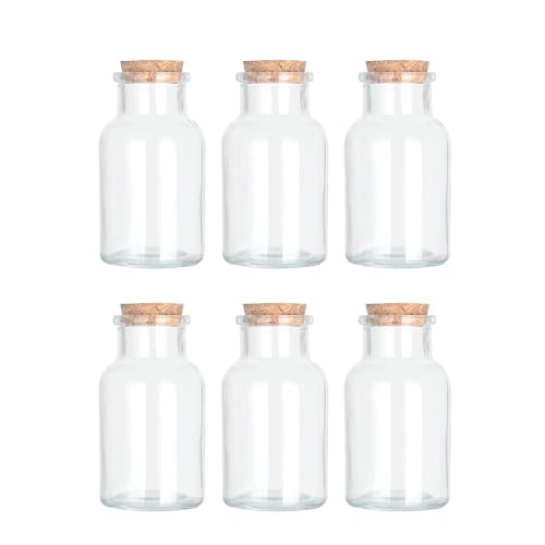 Magic Season Decorative Glass Bottles with Cork Stoppers (5 fl oz. Wide Mouth Round Bottles/Set of 6)