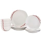 Tabletops Gallery 12-Piece White with Red Stripes Ceramic Dinnerware Set of Kitchen Dishes, Soft Square Dinner Salad Plates Cereal Bowls, Service for 4, Adrian