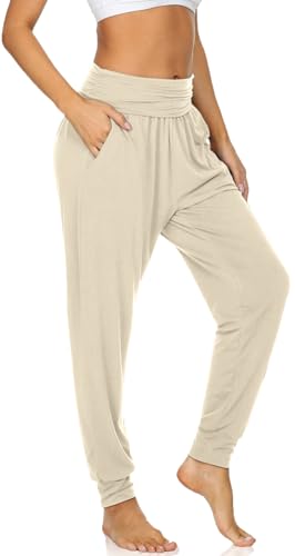 UEU Women's High Waisted Fashion Yoga Joggers Pants Loose Casual Fit Workout Sweatpants Comfy Lounge Sweat Pants with Pockets(Cream, M)