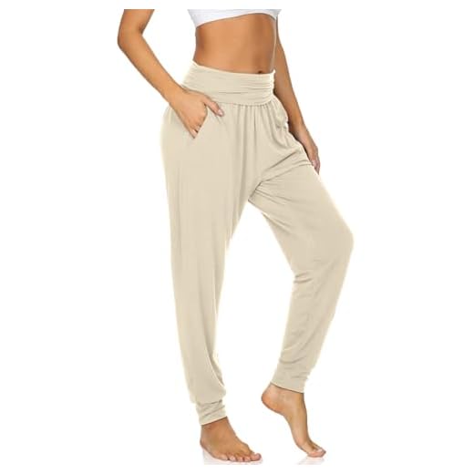 UEU Womens Loose Yoga Harem Joggers with Pockets Cream, L
