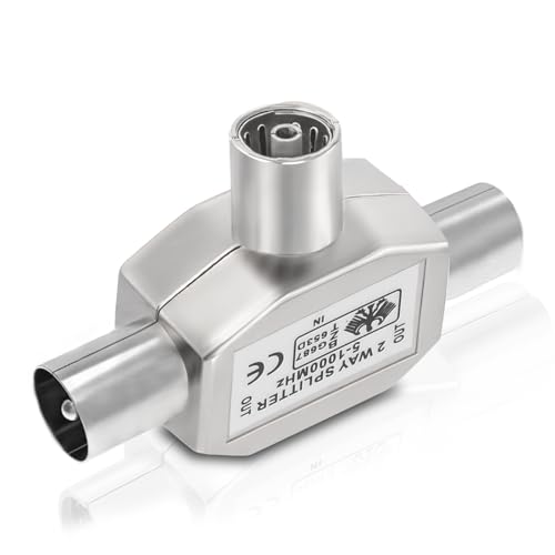 Bingfu Satellite Splitter 2-Way TV Aerial Splitter for Dual Screens - 2 Way 1 Female to 2 Male T-Coupling Coax Adapter Connector
