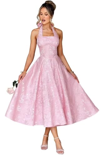 Floral Jacquard Satin Prom Dresses for Wedding Halter Tea Length Bridesmaid Dress Long Flowy Sleeveless Aline Empire Waist Evening Party Gown Size 26 Pink