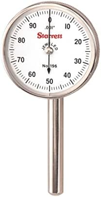 Starrett 196B1 Universal Dial Indicator, Back Plunger, White Dial, 0-100 Reading, 0-0.2" Range, 0.001" Graduation