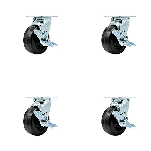Tool Box Caster Wheel Set - 5 Inch Flat Free, Easy Rolling Phenolic Wheels - Industrial Grade - 4 Swivel Casters with Top Lock Brakes - Service Caster Brand